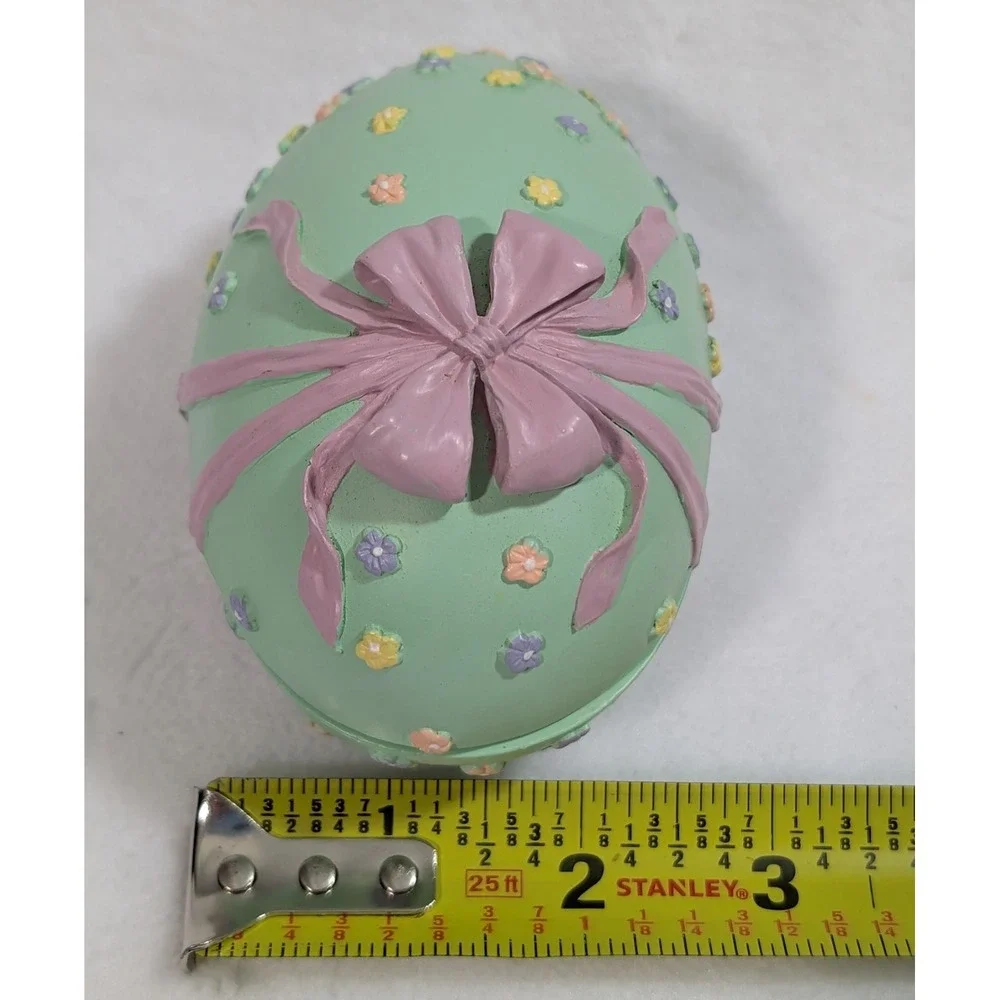 Vintage 90s Easter Egg Bunny Fishing Figurine Pastel Bow Knick Knack Decor Opens